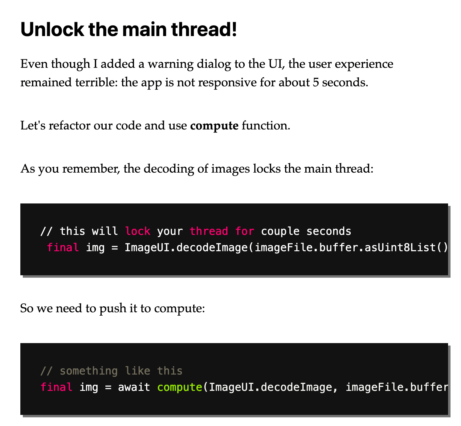 Flutter: Unblocking UI thread with Isolates compute function